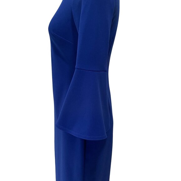 Calvin Klein Blue Bell Sleeve Sheath Dress Size 6 Stretch Midi Work Party - Picture 8 of 11